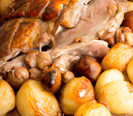 il Cosciotto d'agnello con castagne e patate iene cotto lentamente al forno, Il Cosciotto d'agnello con castagne e patate è un piatto succulento e ricco, che offre una combinazione perfetta di sapori e consistenze.